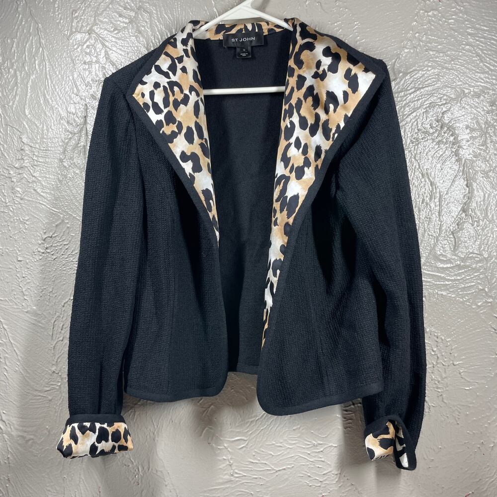 St. John Black‎ Open Cardigan Leopard Trim size 10